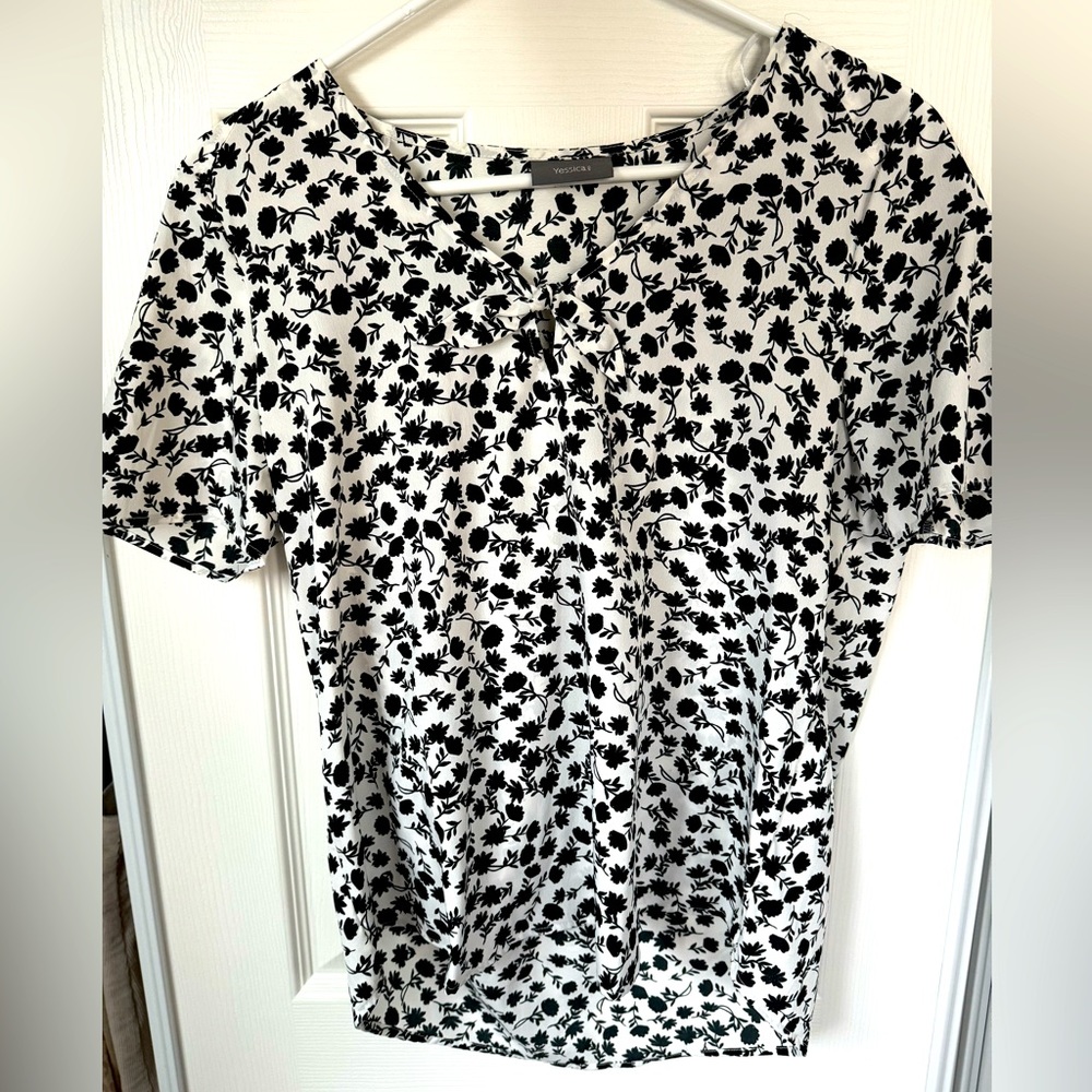 Black & White Floral Blouse with Tie Front